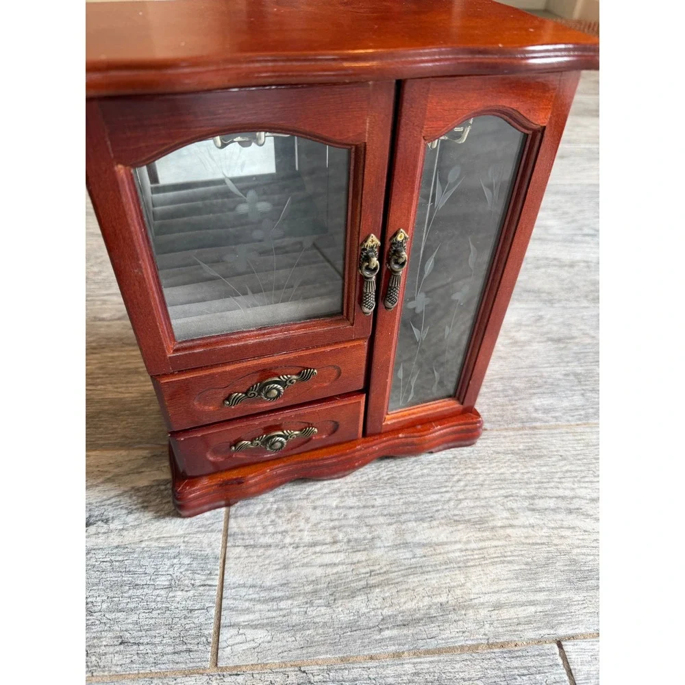 Jewelry Armoire Box Cherry Brown Etched Glass Wood Vintage 80s drawers necklace